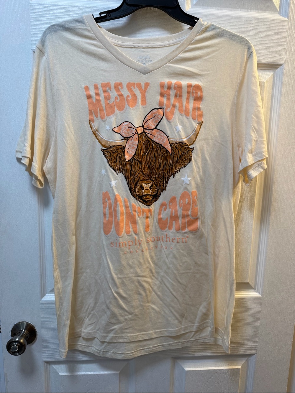 Simply Southern Cream Graphic Tee with Pink Accent 'Messy Hair Don't Care'
